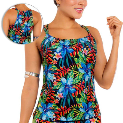 Vestido de Baño de dos Piezas PRAIE 1721Flores Blusa y Short Control