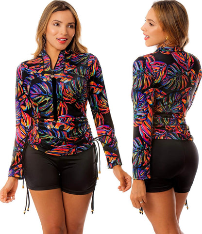 Buzo de Vestido de Baño PRAIE REF: 2332A Blusa Vestido Ajustable Hojas