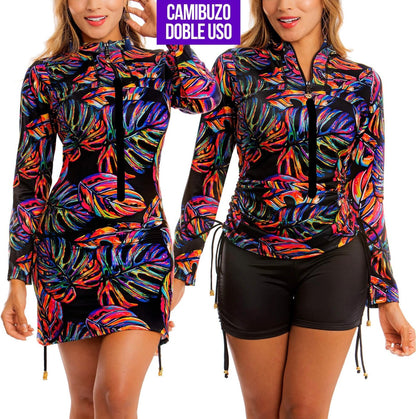 Buzo de Vestido de Baño PRAIE REF: 2332A Blusa Vestido Ajustable Hojas