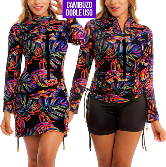 Buzo de Vestido de Baño PRAIE REF: 2332A Blusa Vestido Ajustable Hojas