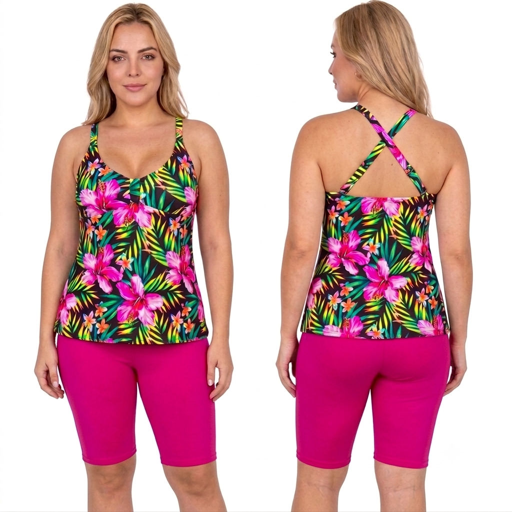 Vestido de Baño Tankini PRAIE 2123 Flores Fucsia Control Abdomen