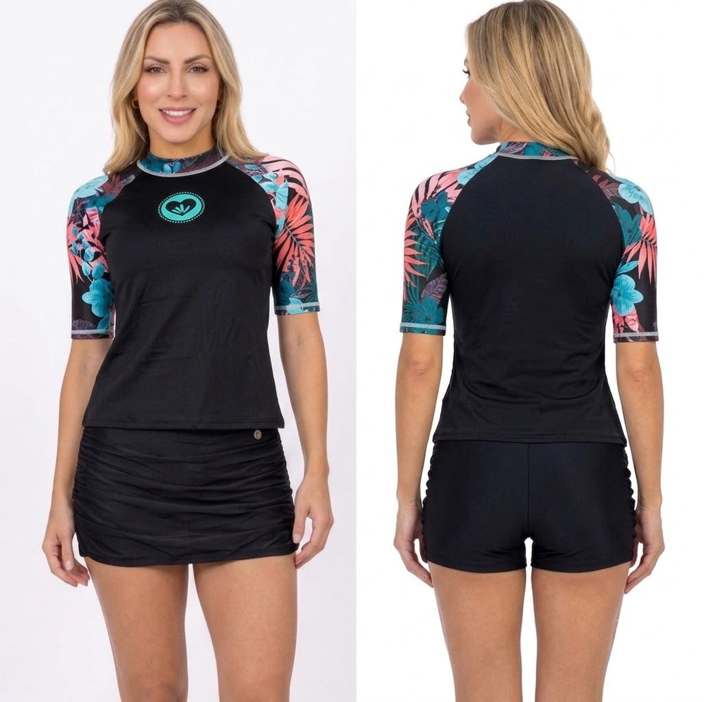 Vestido de Baño de Dos Piezas PRAIE 1727 Turquesa Mangas 3/4 Falda Short