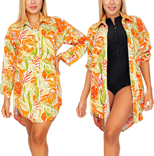 Salida de Baño PRAIE 2335 Naranja Camisa Hojas Chalis Ropa Playa - Praie Vestidos de Baño